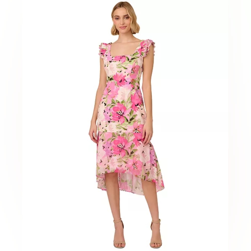 Adrianna Papell Pink Floral Ruffle Midi Dress